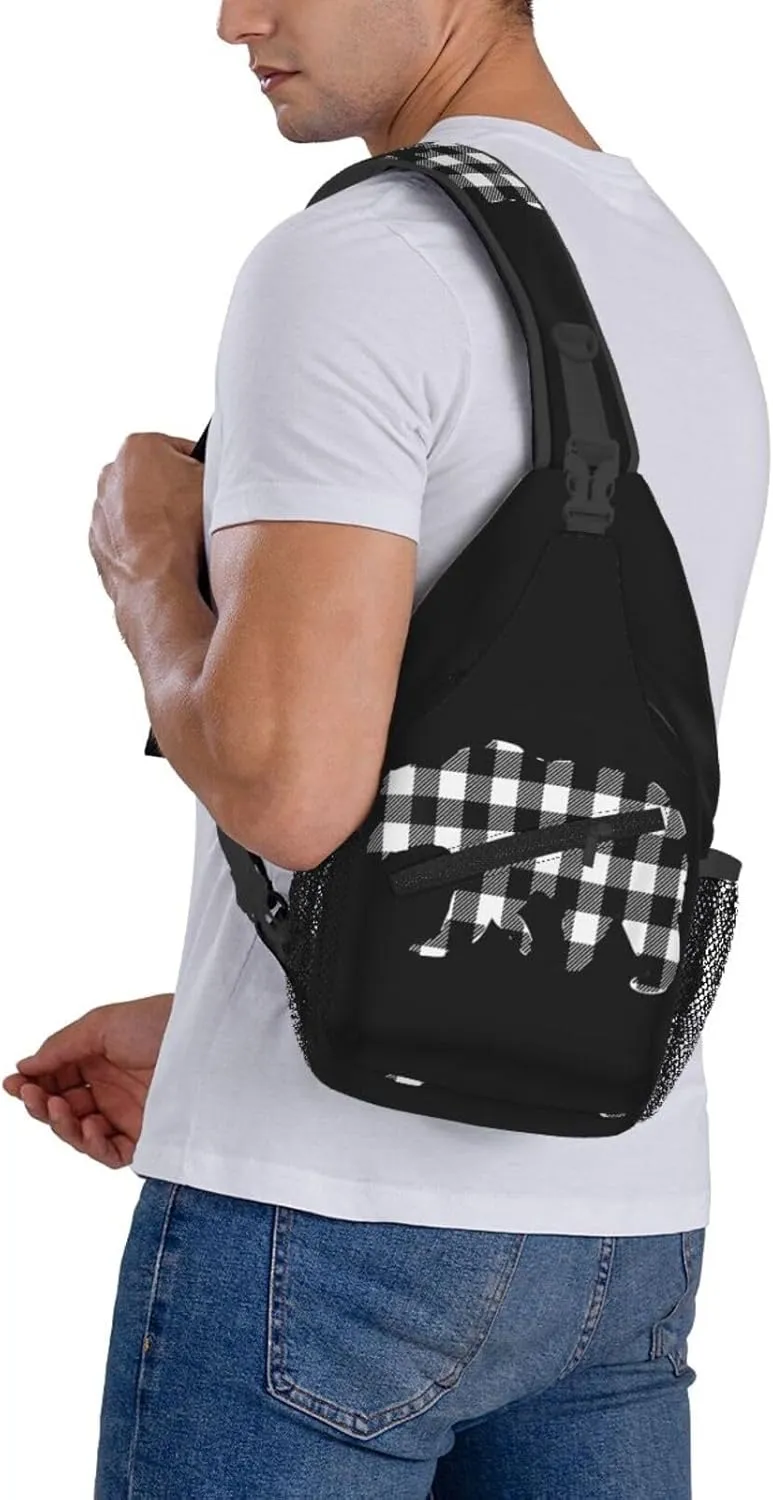 Black White Buffalo Plaid Bears Crossbody Bag Cross Chest Bag Adjustable Sling Backpack Sports Gym Shoulder Bags Travel Cycling Daypack Diagonally Casual Rucksack