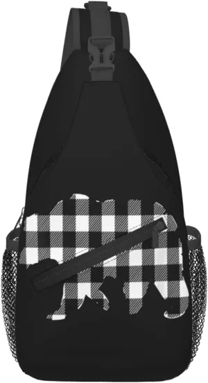 Black White Buffalo Plaid Bears Crossbody Bag Cross Chest Bag Adjustable Sling Backpack Sports Gym Shoulder Bags Travel Cycling Daypack Diagonally Casual Rucksack
