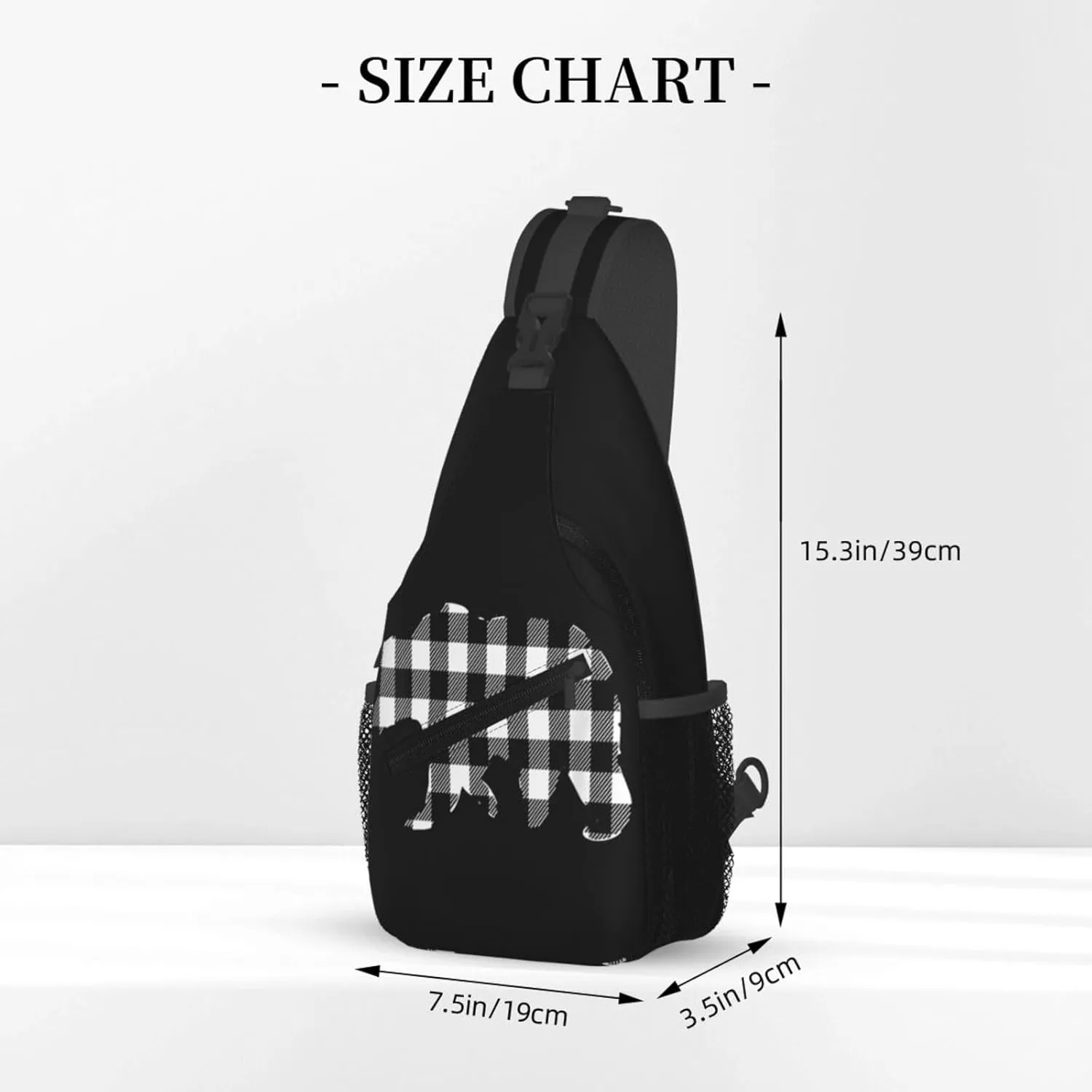 Black White Buffalo Plaid Bears Crossbody Bag Cross Chest Bag Adjustable Sling Backpack Sports Gym Shoulder Bags Travel Cycling Daypack Diagonally Casual Rucksack