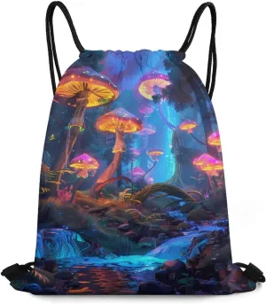 Blacklight Mushroom Forests Drawstring Backpack Durable String Bag Sports Sackpack Cinch Bags for Gym Travel