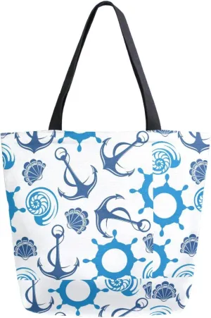 Blue Anchor Helm Summer Nautical Canvas Tote Bag for Women with Zipper Pocket Reusable Grocery Shopping Bags Large Travel Shoulder Bag Handbag Bags