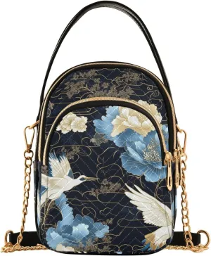 Blue and White Vintage Crane Flowers trendy crossbody leather with multi pockets womens handbags for running bolso cruzado para mujer