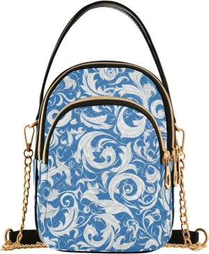 Blue and White Vintage Flowers trendy quilted crossbody bags for women with multi pockets hand bags for women for adult
