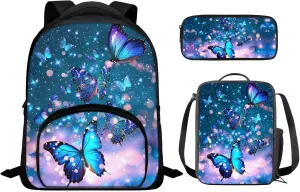 Blue Butterfly 12 Inch Backpack for Girls Bookbag and Lunch Box Set for Toddler with Pencil Case Daypack School Bag for Elementary Teens Designed To Be Lightweight and Comfortable