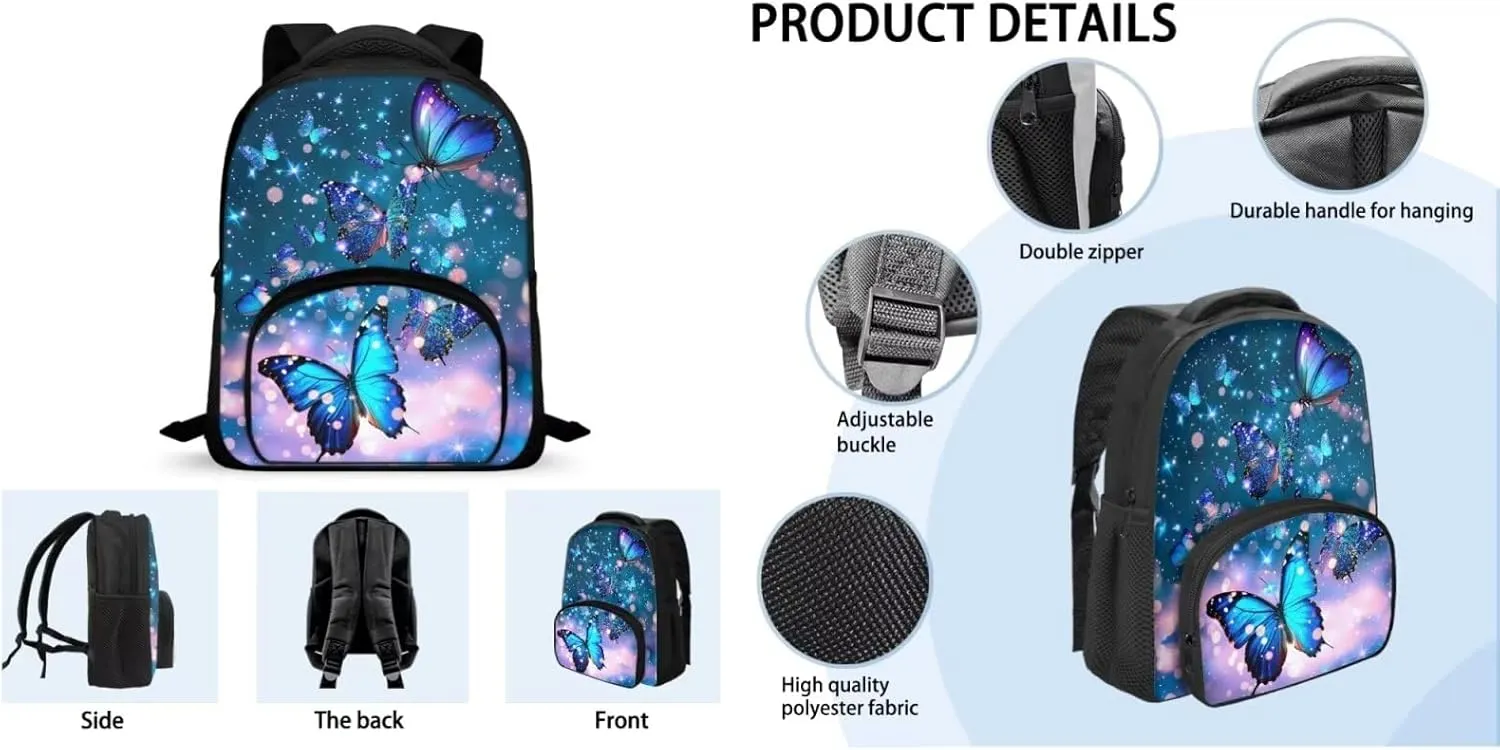 Blue Butterfly 12 Inch Backpack for Girls Bookbag and Lunch Box Set for Toddler with Pencil Case Daypack School Bag for Elementary Teens Designed To Be Lightweight and Comfortable