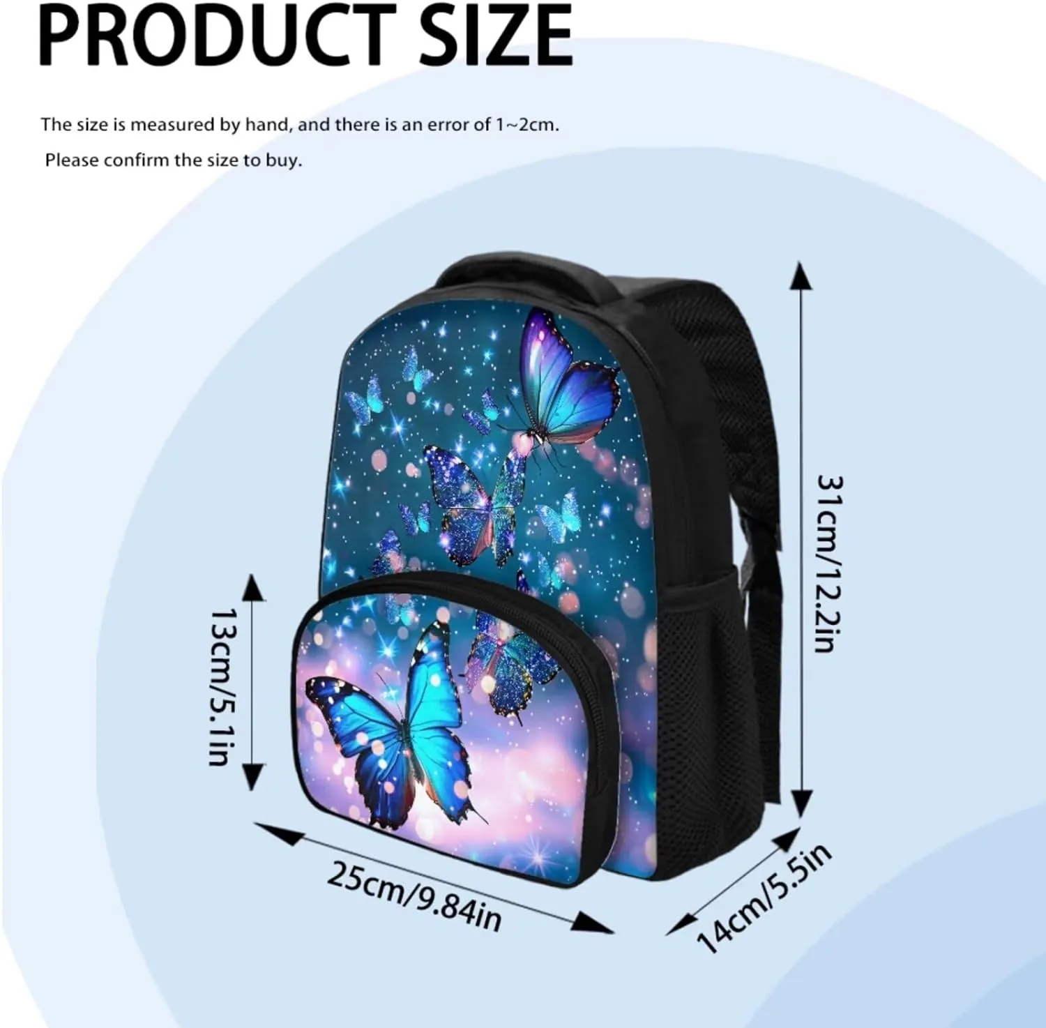 Blue Butterfly 12 Inch Backpack for Girls Bookbag and Lunch Box Set for Toddler with Pencil Case Daypack School Bag for Elementary Teens Designed To Be Lightweight and Comfortable