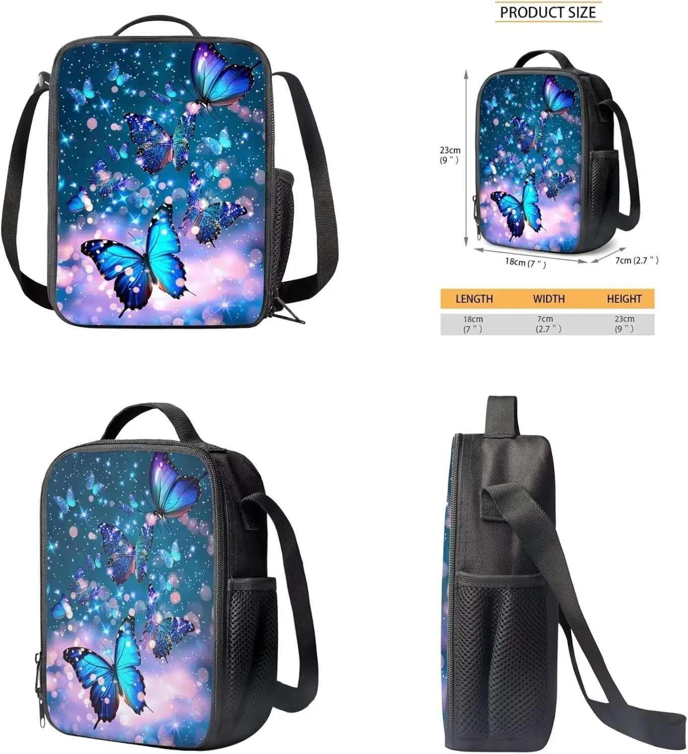 Blue Butterfly 12 Inch Backpack for Girls Bookbag and Lunch Box Set for Toddler with Pencil Case Daypack School Bag for Elementary Teens Designed To Be Lightweight and Comfortable