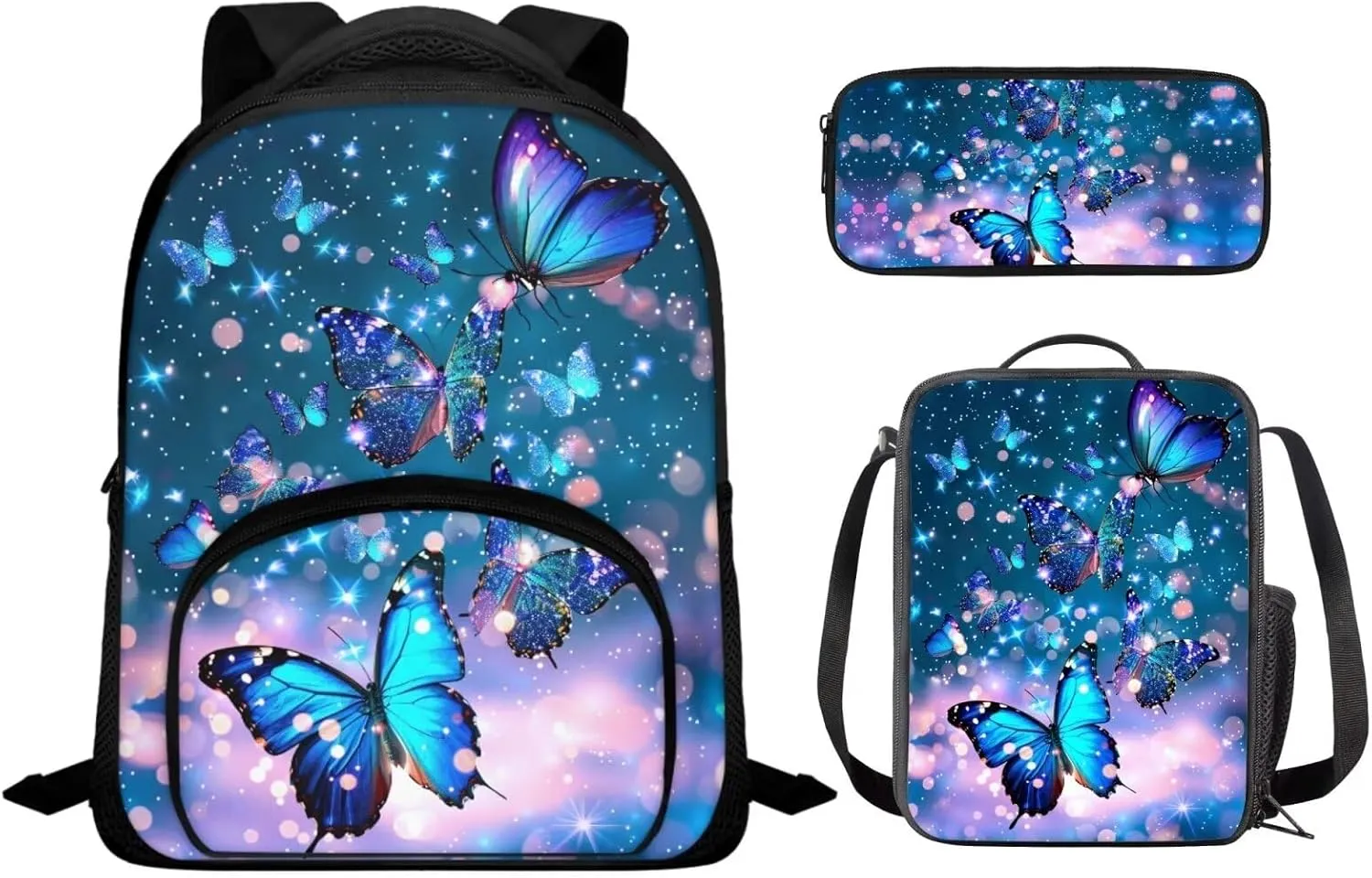 Blue Butterfly 12 Inch Backpack for Girls Bookbag and Lunch Box Set for Toddler with Pencil Case Daypack School Bag for Elementary Teens Designed To Be Lightweight and Comfortable