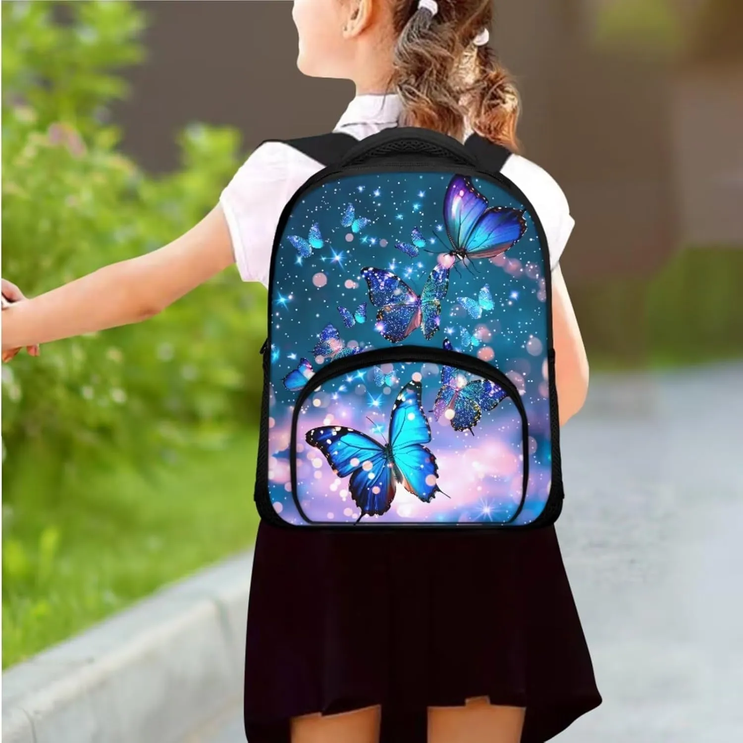 Blue Butterfly 12 Inch Backpack for Girls Bookbag and Lunch Box Set for Toddler with Pencil Case Daypack School Bag for Elementary Teens Designed To Be Lightweight and Comfortable