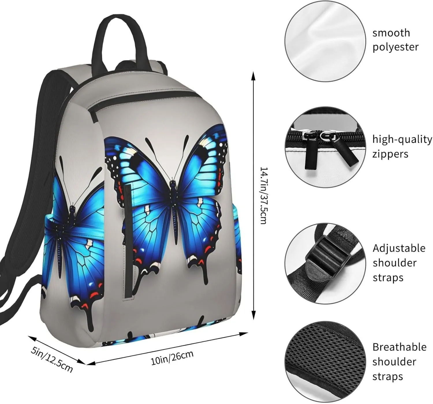 Blue Butterfly print Lightweight Laptop Backpack Travel Daypack Bookbag for Women Men for Travel Work