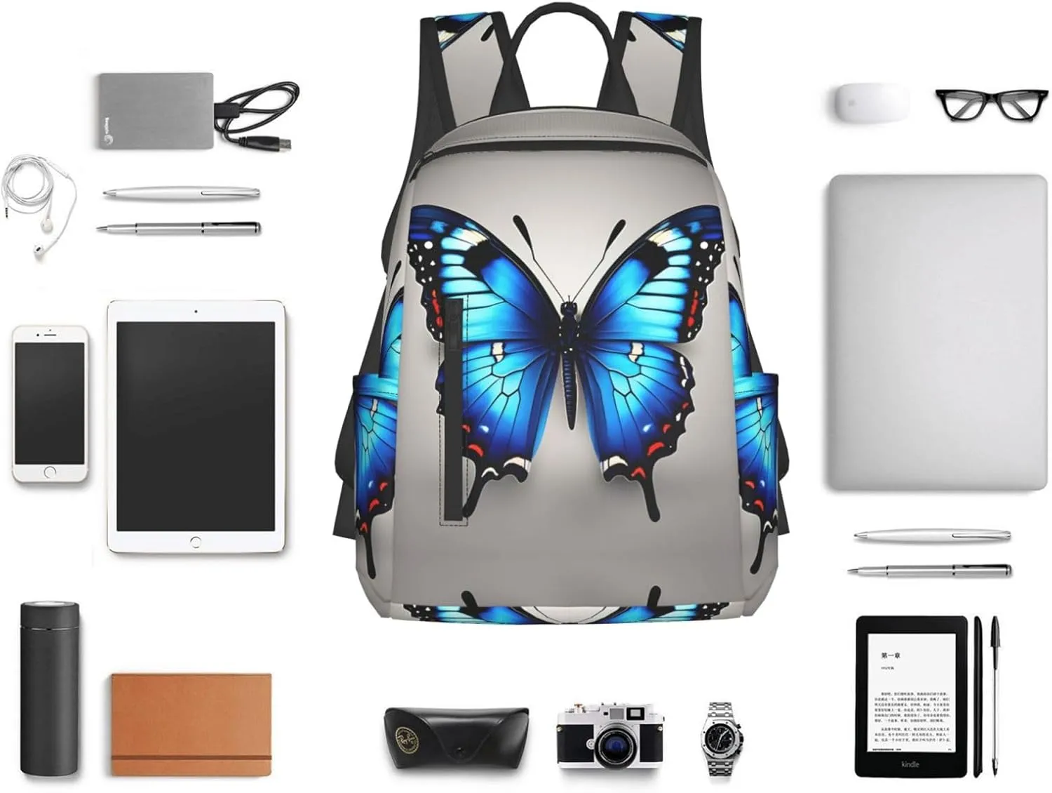 Blue Butterfly print Lightweight Laptop Backpack Travel Daypack Bookbag for Women Men for Travel Work