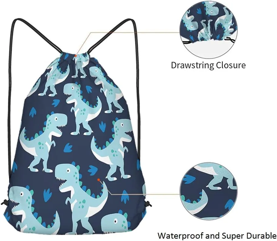 Blue Dinosaur Print Drawstring Backpack Bag - Dino Little Cute Cartoon Animal Pattern Roar Series Sport Gym Sack Drawstring Bag for Men Women