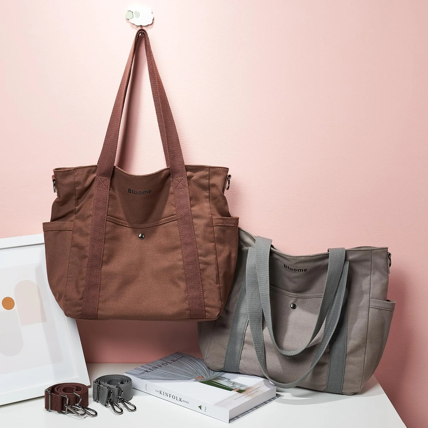 Bluome Tote Bag for Women Canvas Tote Bag With Zipper College Gym Tote Medium Travel Work Bags Hobo Handbag Crossbody