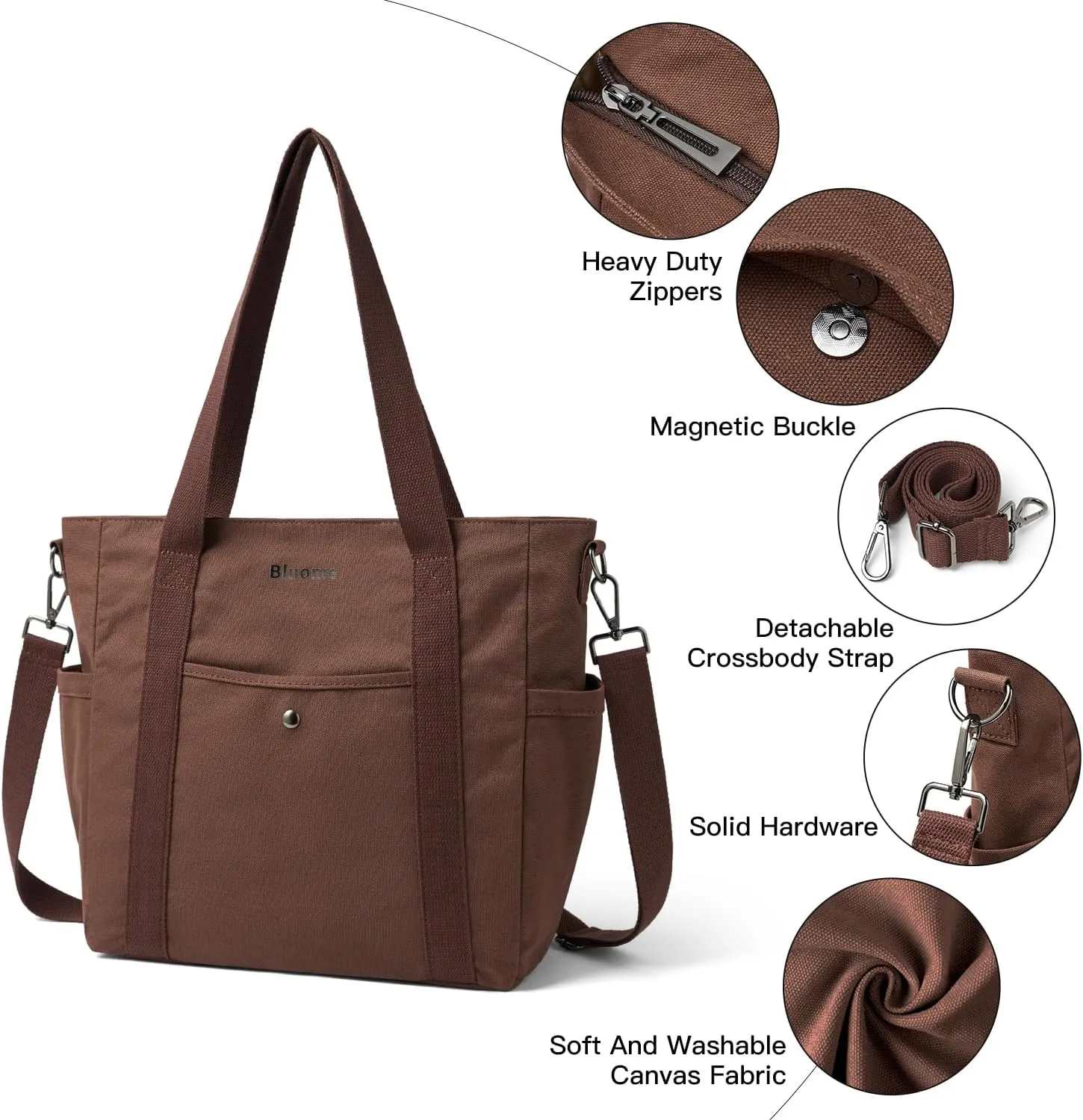 Bluome Tote Bag for Women Canvas Tote Bag With Zipper College Gym Tote Medium Travel Work Bags Hobo Handbag Crossbody