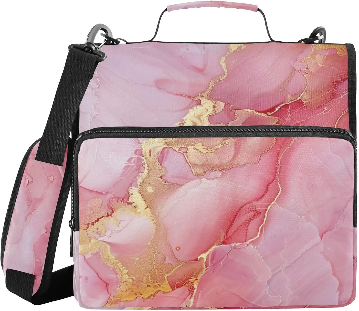 Blush Pink Gold Veins Marble Zipper Binder with Shoulder Strap Trapper Keeper 3 Ring Binder Organizer Large Capacity Multiple Compartments for School Office