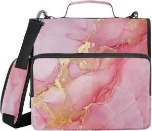 Blush Pink Gold Veins Marble Zipper Binder with Shoulder Strap Trapper Keeper 3 Ring Binder Organizer Large Capacity Multiple Compartments for School Office