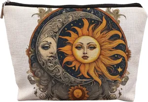 Boho Celestial Sun and Moon Makeup Pouch - Witchy, Aesthetic Cosmetic Bag for Women - Halloween Gifts