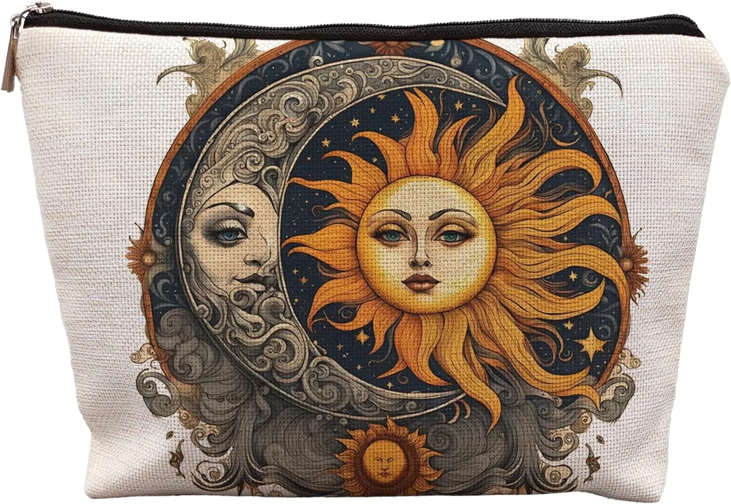 Boho Celestial Sun and Moon Makeup Pouch - Witchy, Aesthetic Cosmetic Bag for Women - Halloween Gifts