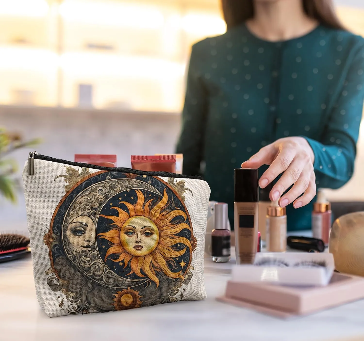 Boho Celestial Sun and Moon Makeup Pouch - Witchy, Aesthetic Cosmetic Bag for Women - Halloween Gifts