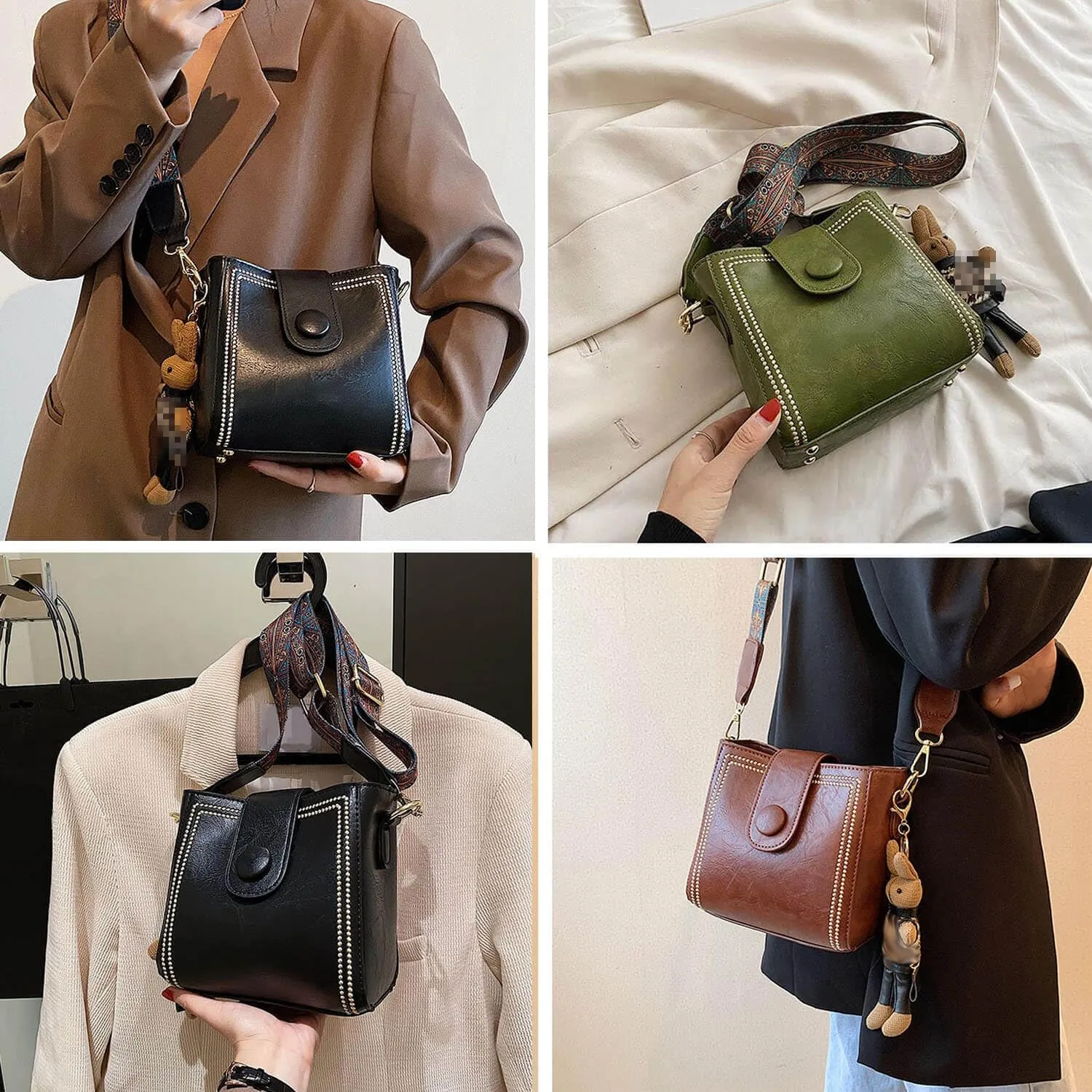 Bootara Retro Bucket Bag for Women,Vintage Quilted Leather Shoulder Handbag with Wide Strap, Adjustable Crossbody Purse