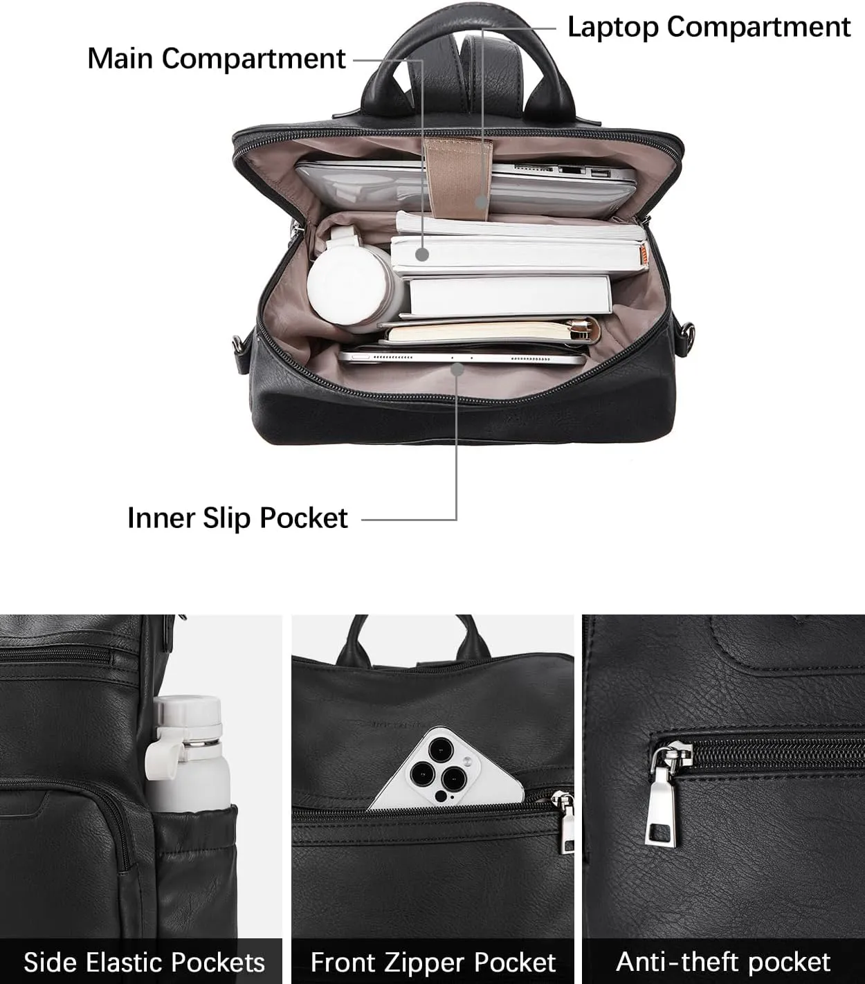 BOSTANTEN Leather Laptop Backpack for Women Designer Travel Backpack with Laptop Compartment Ladies Computer Shoulder Bags Black
