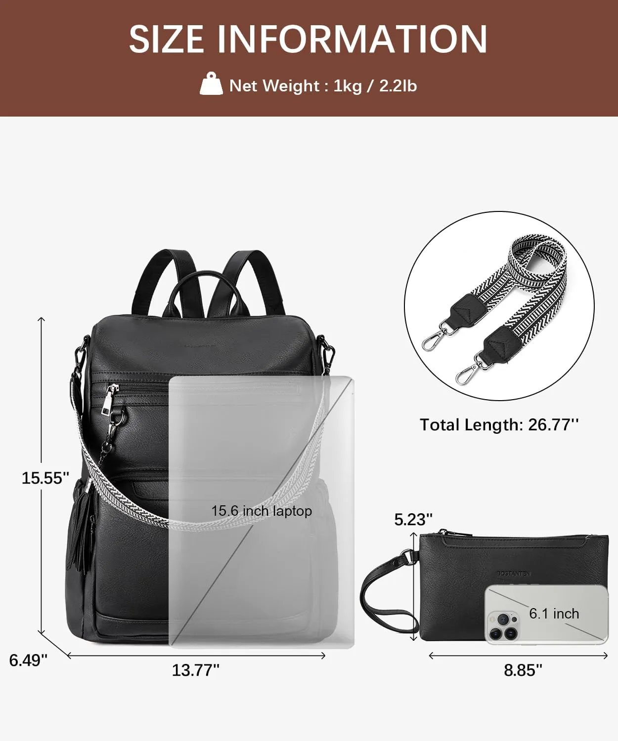 BOSTANTEN Leather Laptop Backpack for Women Designer Travel Backpack with Laptop Compartment Ladies Computer Shoulder Bags Black