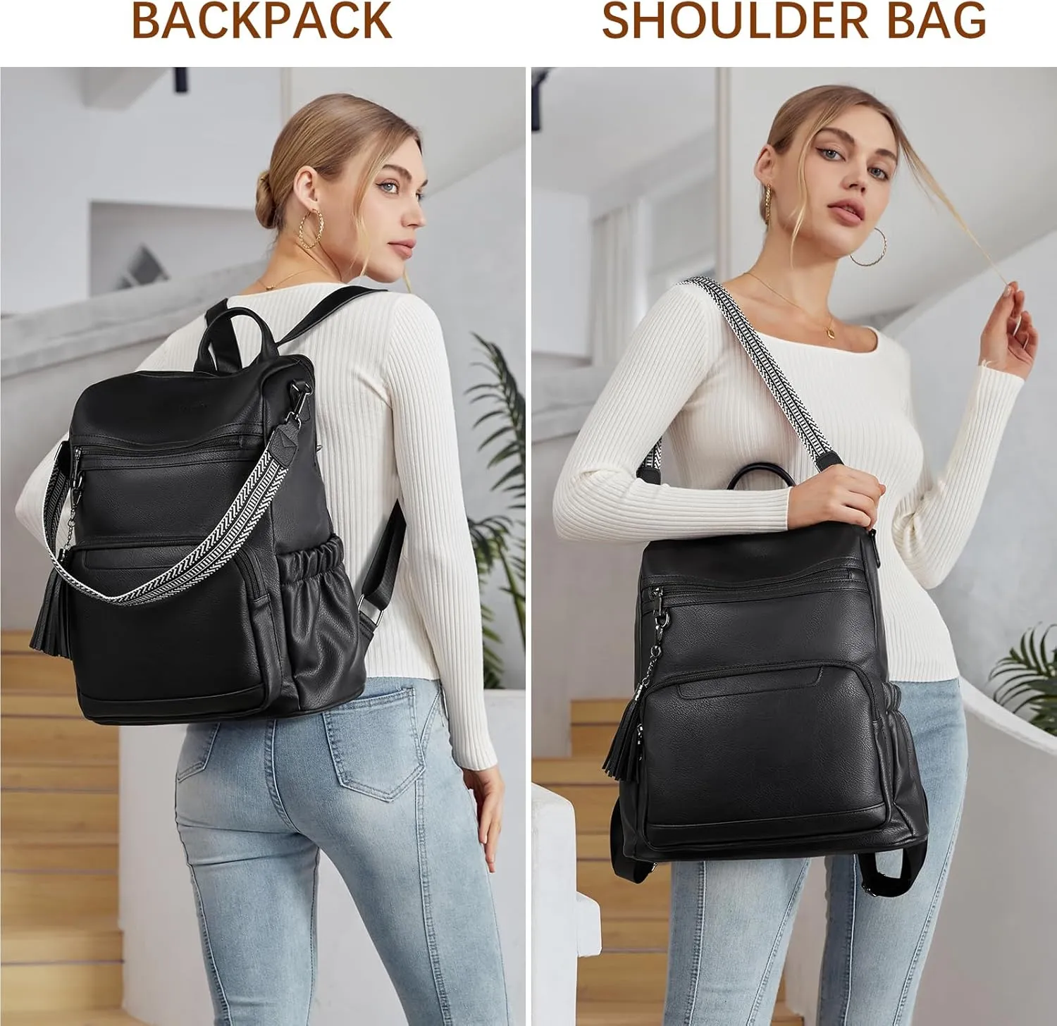 BOSTANTEN Leather Laptop Backpack for Women Designer Travel Backpack with Laptop Compartment Ladies Computer Shoulder Bags Black