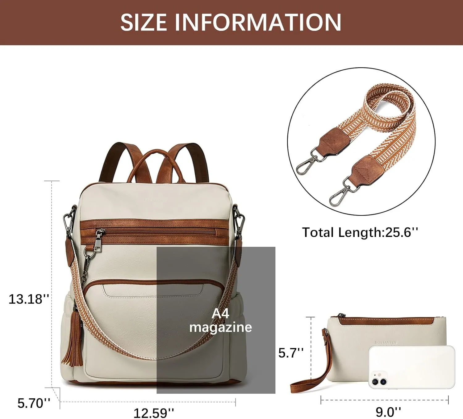 BOSTANTEN Womens Backpack Purse Leather Travel Backpack Fashion Designer Ladies Shoulder Bags with Wristlet