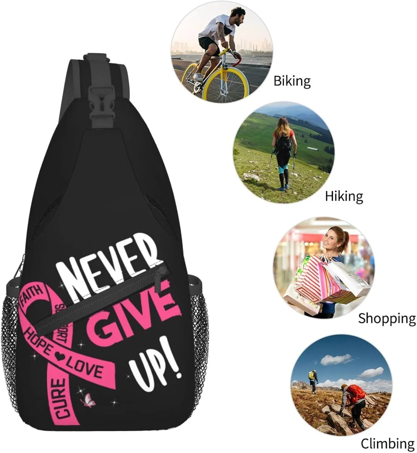 Breast Cancer Awareness Sling Bag for women,Multipurpose Crossbody Chest Bag Sports Sling Bag for Hiking Travel