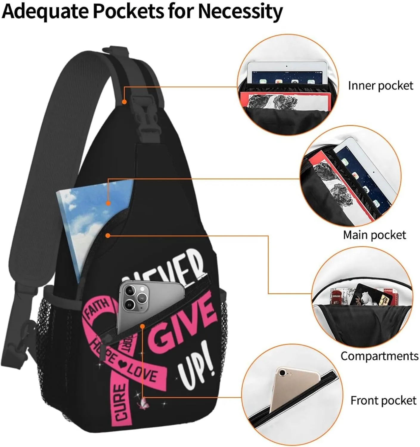 Breast Cancer Awareness Sling Bag for women,Multipurpose Crossbody Chest Bag Sports Sling Bag for Hiking Travel