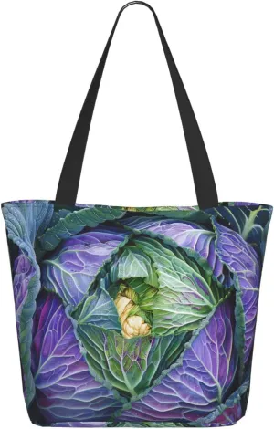 Bright Cabbage Printed Shopping Tote Bag with Zipper, Cute Reusable Grocery Bags Shoulder Bag for Shopping, Beach,Travel, Work