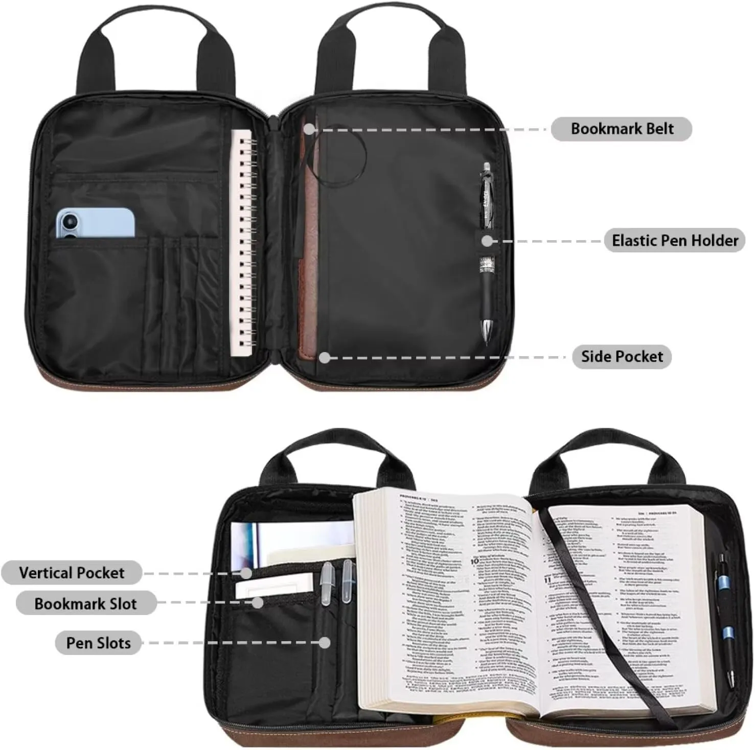 Brown Cow Bible Cover Case for Women with Zipper Pocket/Pen Slot/Shoulder Strap-Church Bag for Lady Bible Cover with Handles Easy to Clean