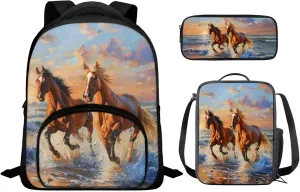 Brown Horse Bookbag and Lunch Box Set for Boys Insulated Lunch Box Cute Pencil Case Daypack Shoulder Bags Sweet Gift for Various Occassions Like Christmas,Thanksgiving