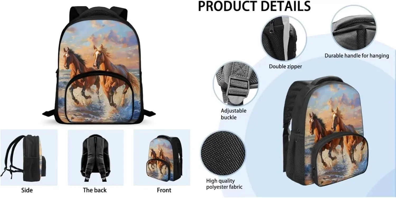 Brown Horse Bookbag and Lunch Box Set for Boys Insulated Lunch Box Cute Pencil Case Daypack Shoulder Bags Sweet Gift for Various Occassions Like Christmas,Thanksgiving