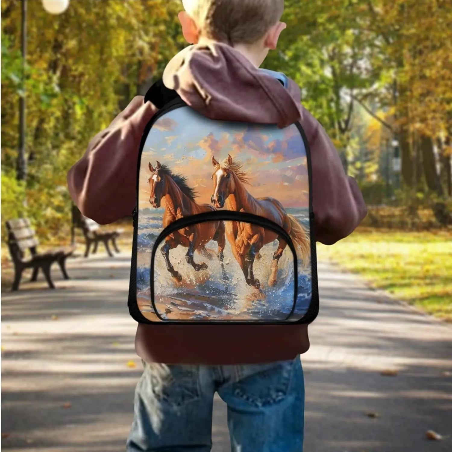 Brown Horse Bookbag and Lunch Box Set for Boys Insulated Lunch Box Cute Pencil Case Daypack Shoulder Bags Sweet Gift for Various Occassions Like Christmas,Thanksgiving
