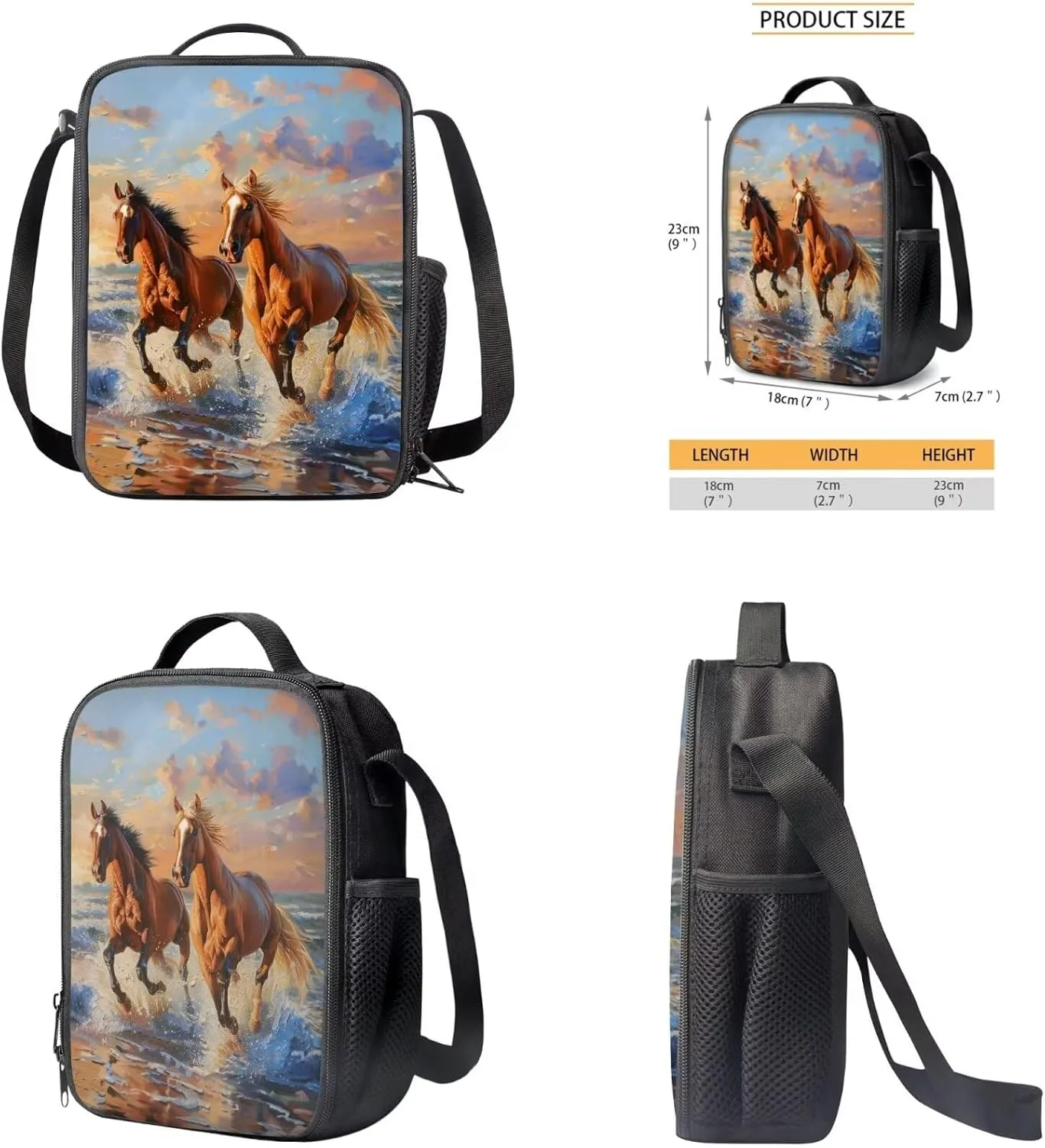 Brown Horse Bookbag and Lunch Box Set for Boys Insulated Lunch Box Cute Pencil Case Daypack Shoulder Bags Sweet Gift for Various Occassions Like Christmas,Thanksgiving