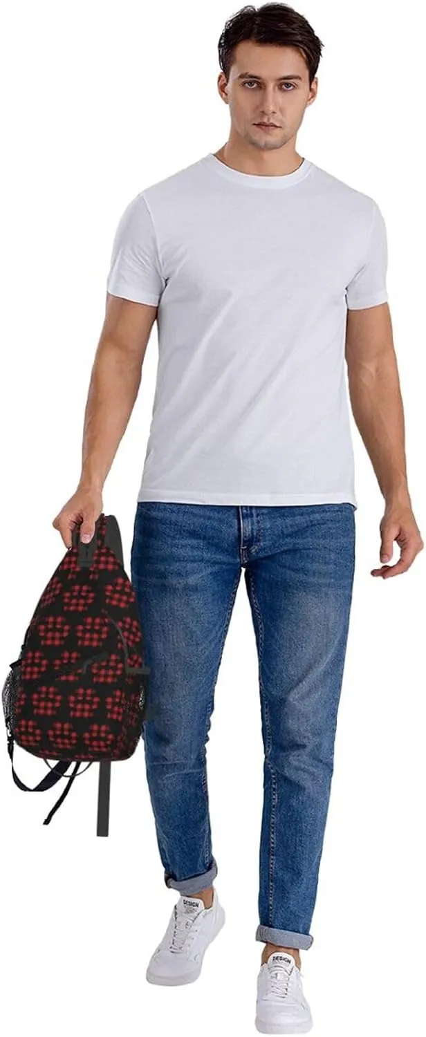 Buffalo Plaid Paw Crossbody Bag Cross Chest Bag Adjustable Sling Backpack Sports Gym Shoulder Bags Travel Cycling Daypack Diagonally Casual Rucksack