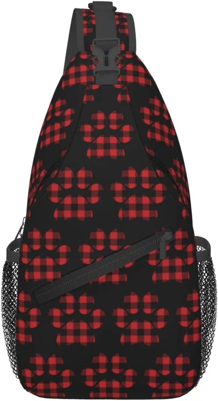 Buffalo Plaid Paw Crossbody Bag Cross Chest Bag Adjustable Sling Backpack Sports Gym Shoulder Bags Travel Cycling Daypack Diagonally Casual Rucksack