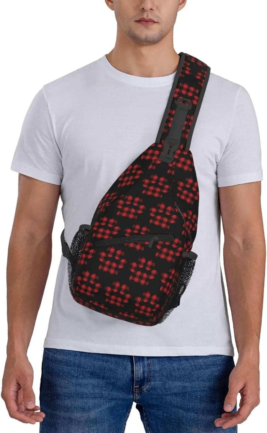Buffalo Plaid Paw Crossbody Bag Cross Chest Bag Adjustable Sling Backpack Sports Gym Shoulder Bags Travel Cycling Daypack Diagonally Casual Rucksack