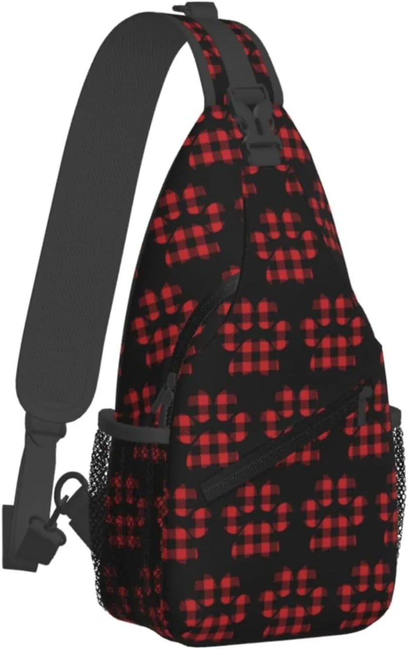 Buffalo Plaid Paw Crossbody Bag Cross Chest Bag Adjustable Sling Backpack Sports Gym Shoulder Bags Travel Cycling Daypack Diagonally Casual Rucksack