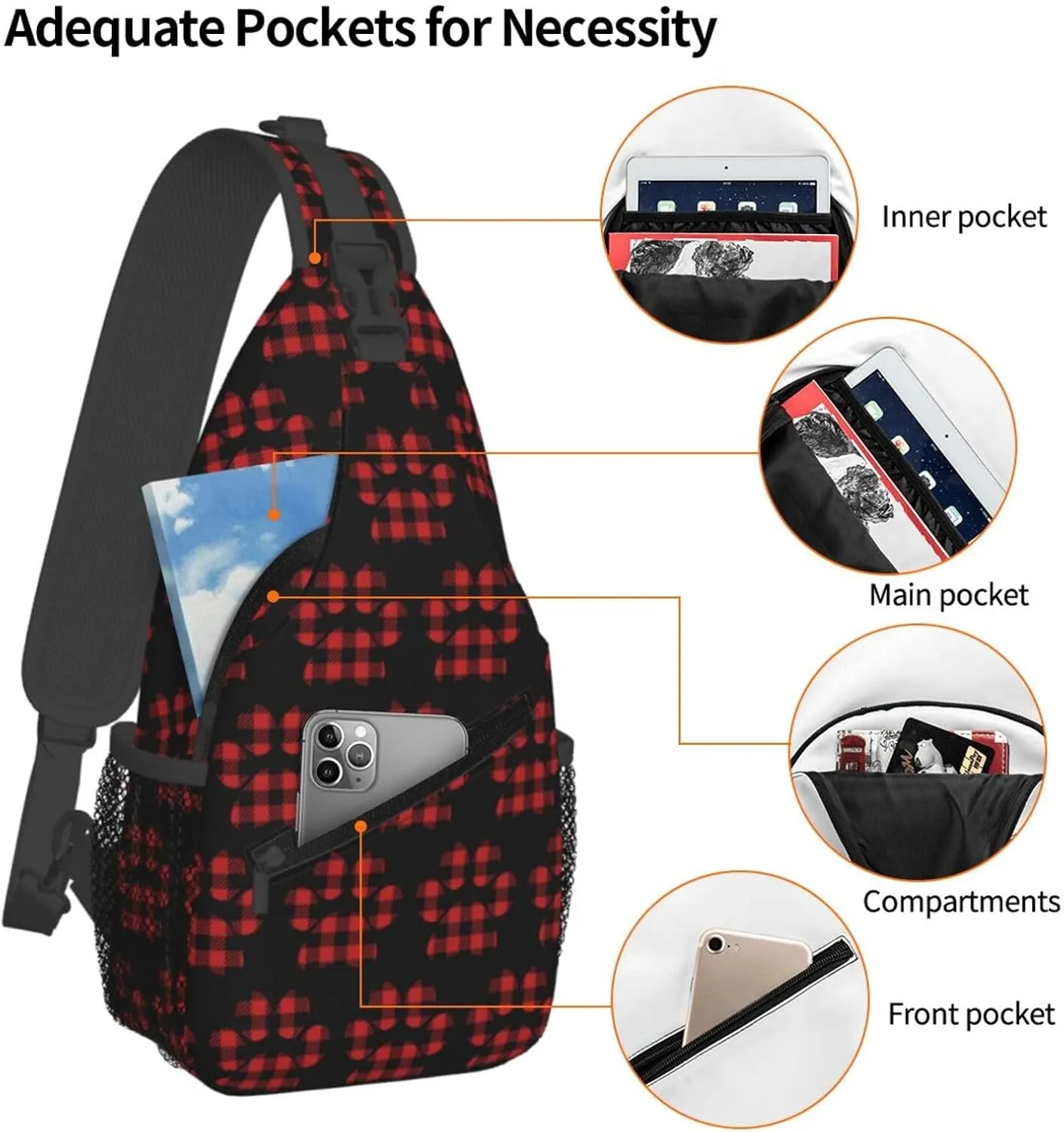 Buffalo Plaid Paw Crossbody Bag Cross Chest Bag Adjustable Sling Backpack Sports Gym Shoulder Bags Travel Cycling Daypack Diagonally Casual Rucksack