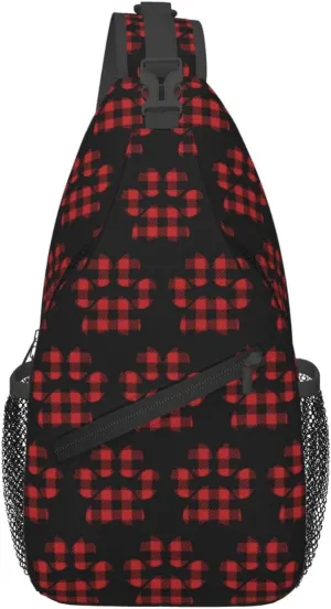 Buffalo Plaid Paw Crossbody Bag Cross Chest Bag Adjustable Sling Backpack Sports Gym Shoulder Bags Travel Cycling Daypack Diagonally Casual Rucksack