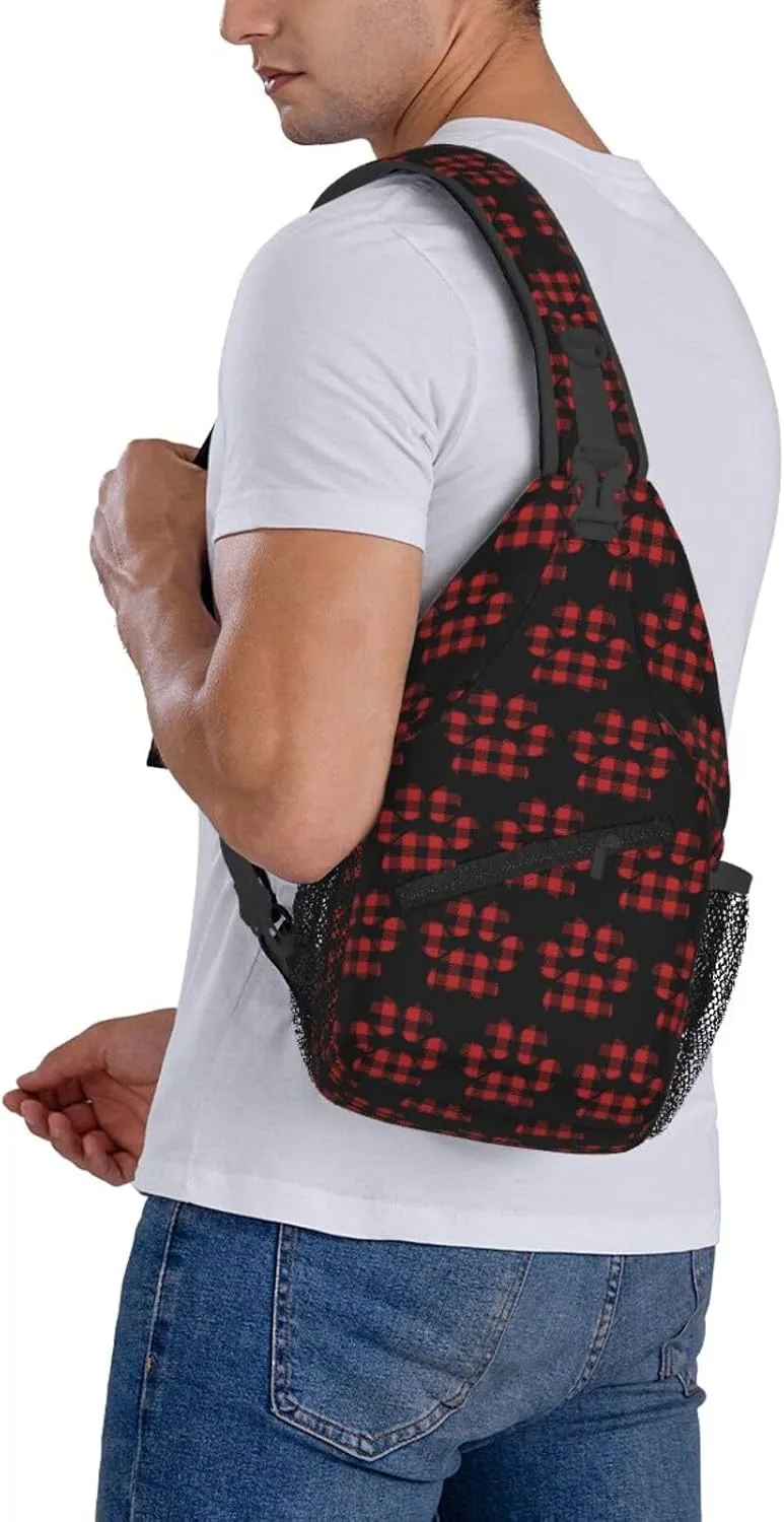 Buffalo Plaid Paw Crossbody Bag Cross Chest Bag Adjustable Sling Backpack Sports Gym Shoulder Bags Travel Cycling Daypack Diagonally Casual Rucksack