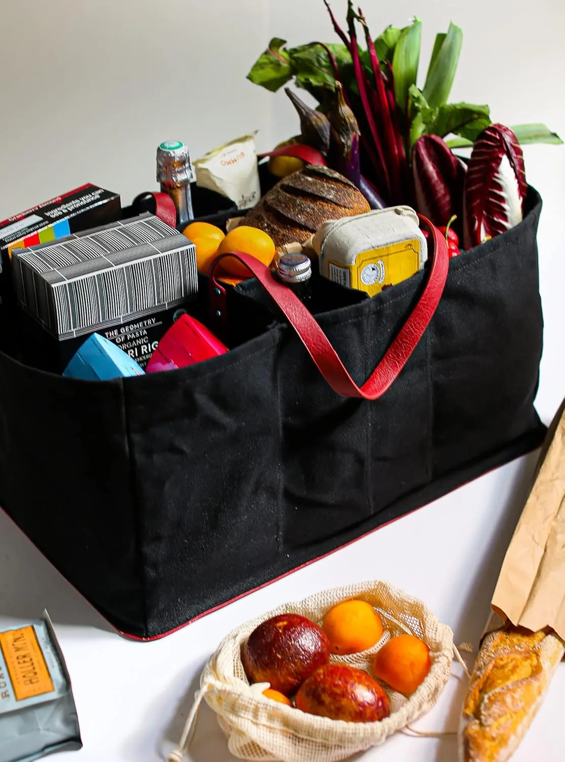 CapaBunga Grocery Tote Bag 5 Pocket Large Utility Tote with Handles Vegan Leather Base - Reusable Shopping Bags for Groceries