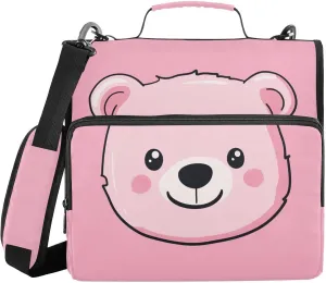 Cartoon Bear Face Pink Zipper Binder with Shoulder Strap Trapper Keeper 3 Ring Binder Organizer Large Capacity Multiple Compartments for School Office