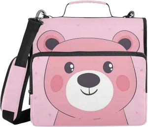 Cartoon Bear Pink Zipper Binder with Shoulder Strap Trapper Keeper 3 Ring Binder Organizer Large Capacity Multiple Compartments for School Office