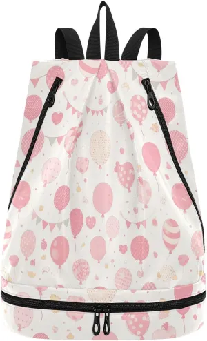 Cartoon Cream Balloon Decor Peach Drawstring sports bags sturdy bag for gym with Wet Dry Compartments