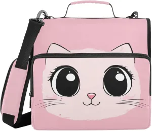 Cartoon Pink Cat Face Pink Zipper Binder with Shoulder Strap Trapper Keeper 3 Ring Binder Organizer Large Capacity Multiple Compartments for School Office