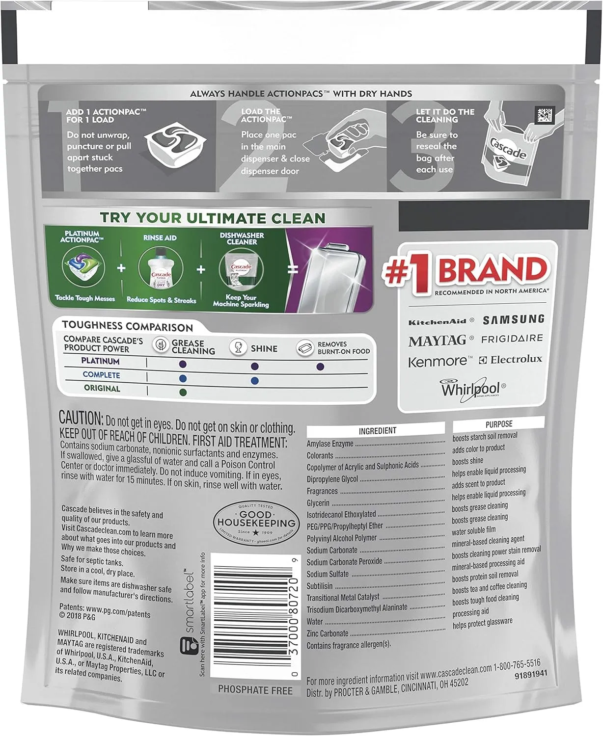 Cascade Platinum Actionpacs Dishwasher Detergent, Fresh Scent, 105 Count, Tub Refill Bags