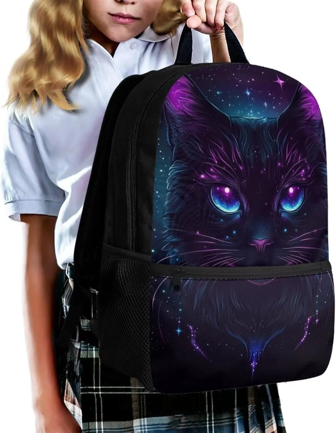 Cat Backpack for School Teens Girls Starry Sky School Bags with Front Pocket 17 Inch Travel Knapsack with Dual Zipper Girls Personalized Back Pack for School